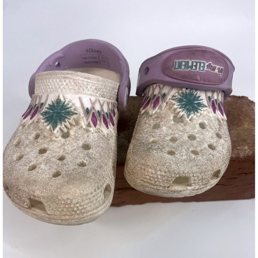 Disney Frozen Elsa Crocs Kids Size C8 Silver/ White‎  Glitter Ice Princess Clogs